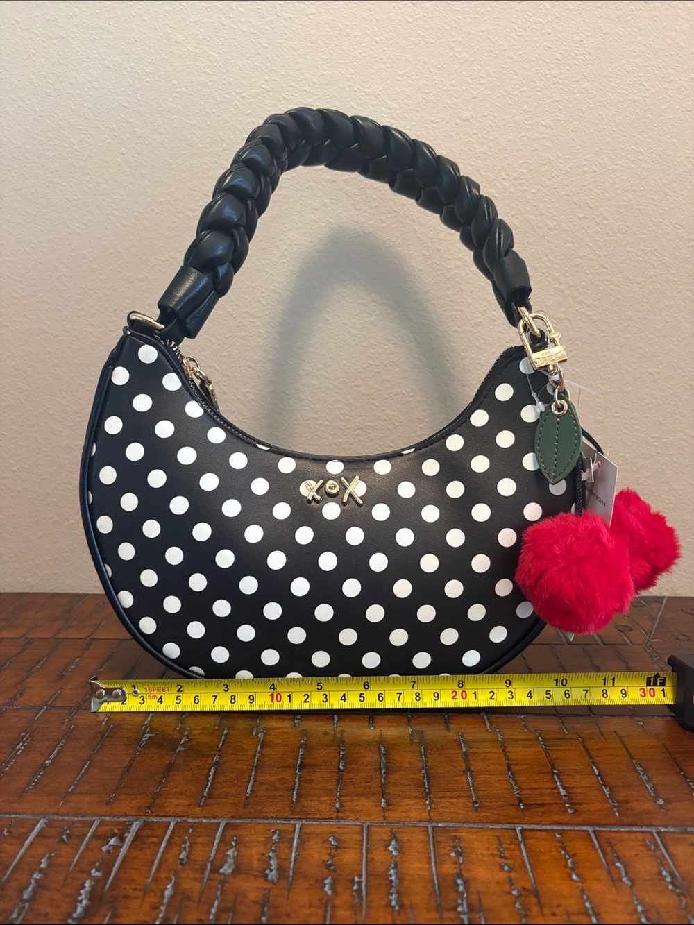 Betsey Johnson Black & White Polka Dot Crescent Shoulder Bag with Cherry Charm - Picture 14 of 16